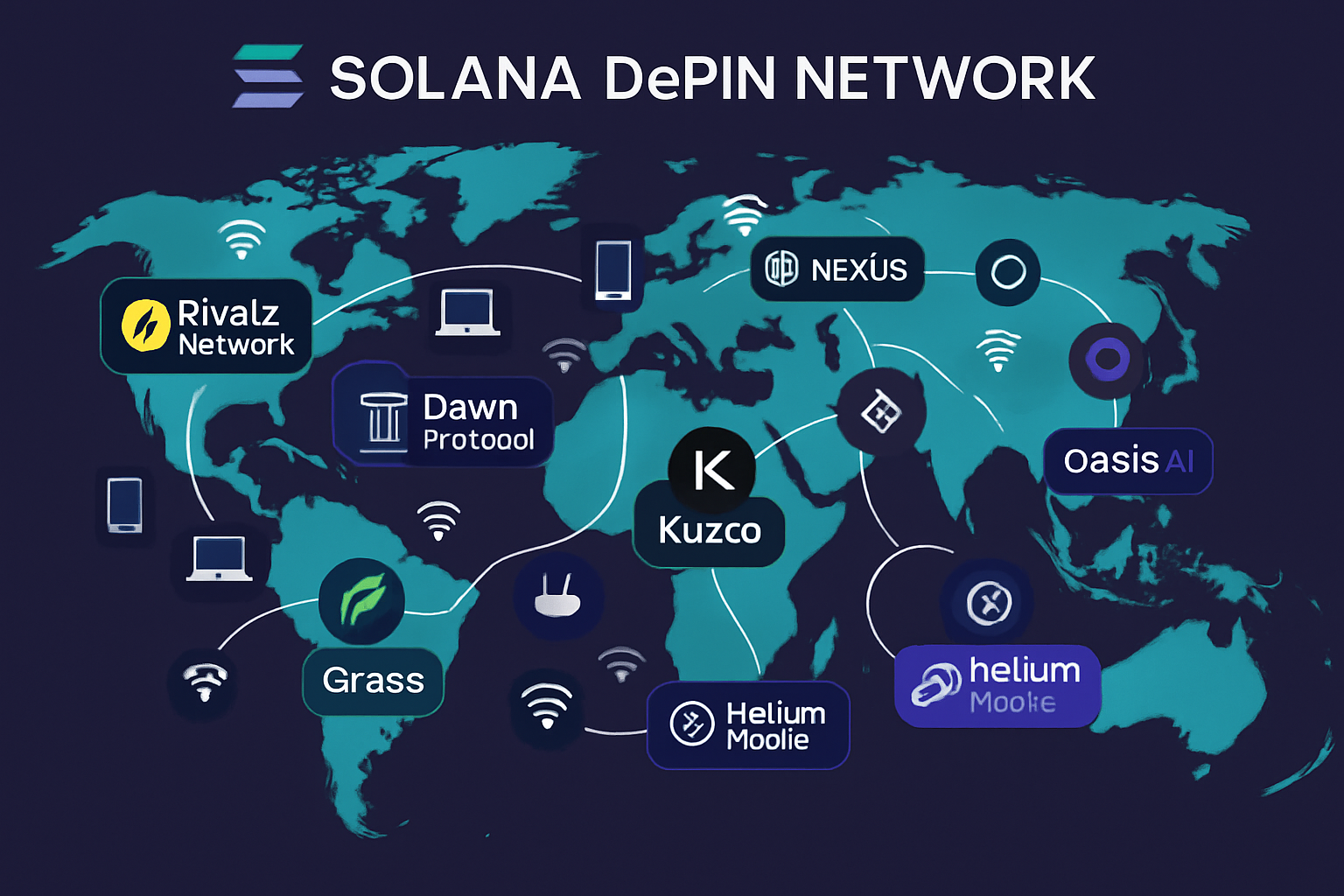 Vibrant global network map showing top 9 Solana DePIN projects—Rivalz Network, Dawn Protocol, Kuzco, Nexus, Aggregata, Oasis AI, Triton One, Grass, and Helium Mobile—connecting physical devices worldwide