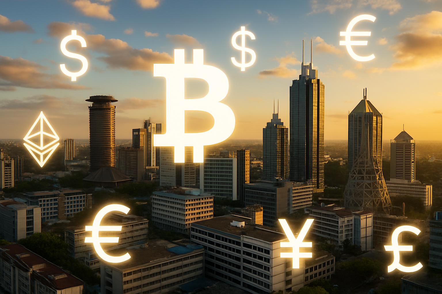 Vibrant view of Nairobi tech district with digital currency symbols overlayed, illustrating Africa's evolving crypto regulations in 2025