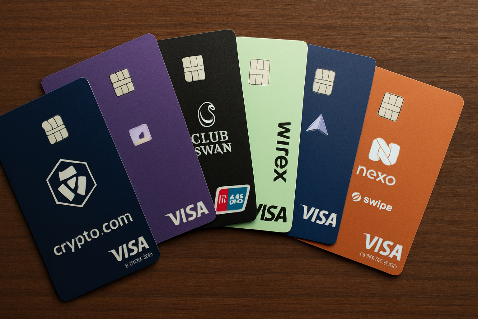 Fanned out crypto rewards cards including Crypto.com Visa, Monolith, ClubSwan, Wirex, Plutus, Nexo, and Swipe displayed on a sleek desk with digital assets in the background, representing top governance token rewards cards for 2024.