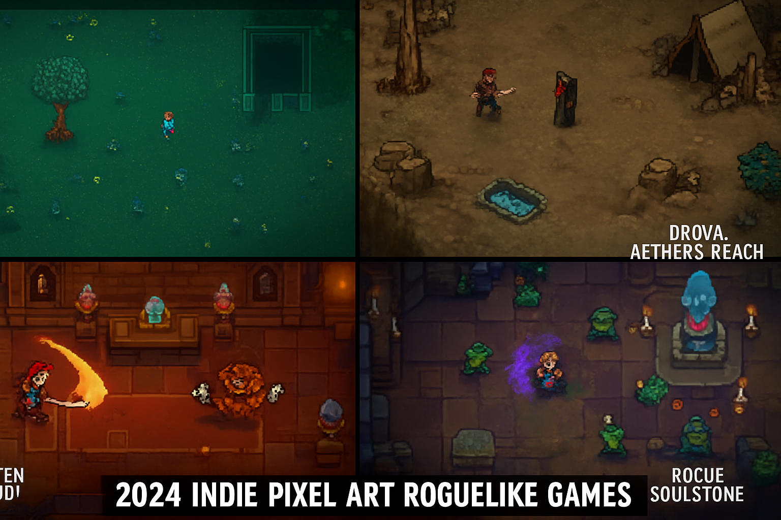 Collage of 2024's best indie pixel art roguelike games including Caves of Qud, Drova Forsaken Kin, Aether's Reach, Dungeon Drafters, and Rogue Soulstone, showcasing vibrant gameplay screenshots.