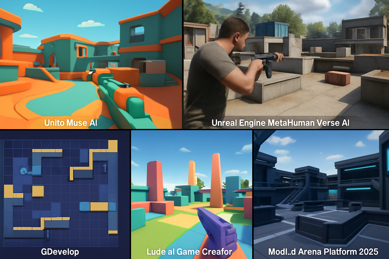 Collage of user-built multiplayer arenas from Unity Muse AI, Unreal Engine MetaHuman with Verse AI, GDevelop, Ludo.ai Game Creator, and Modl.ai Arena Platform in 2025