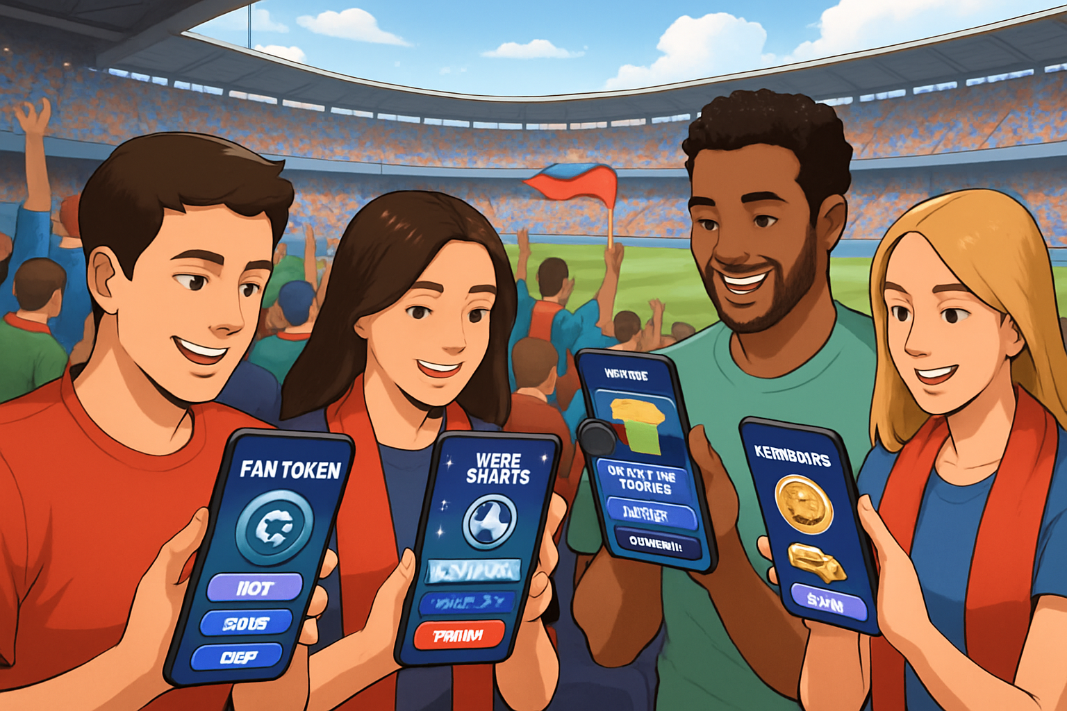 Fans in a packed stadium using mobile apps to interact with fan tokens and engage in Web3 sports experiences in 2024