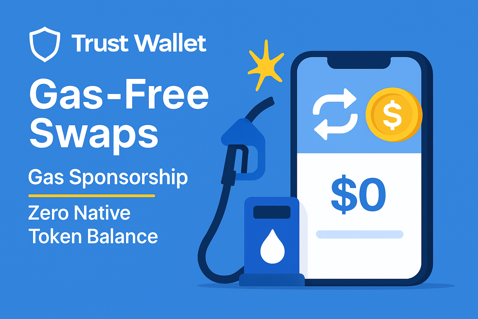 Trust Wallet gas sponsorship feature enabling gas-free crypto swaps with zero native token balance in 2025