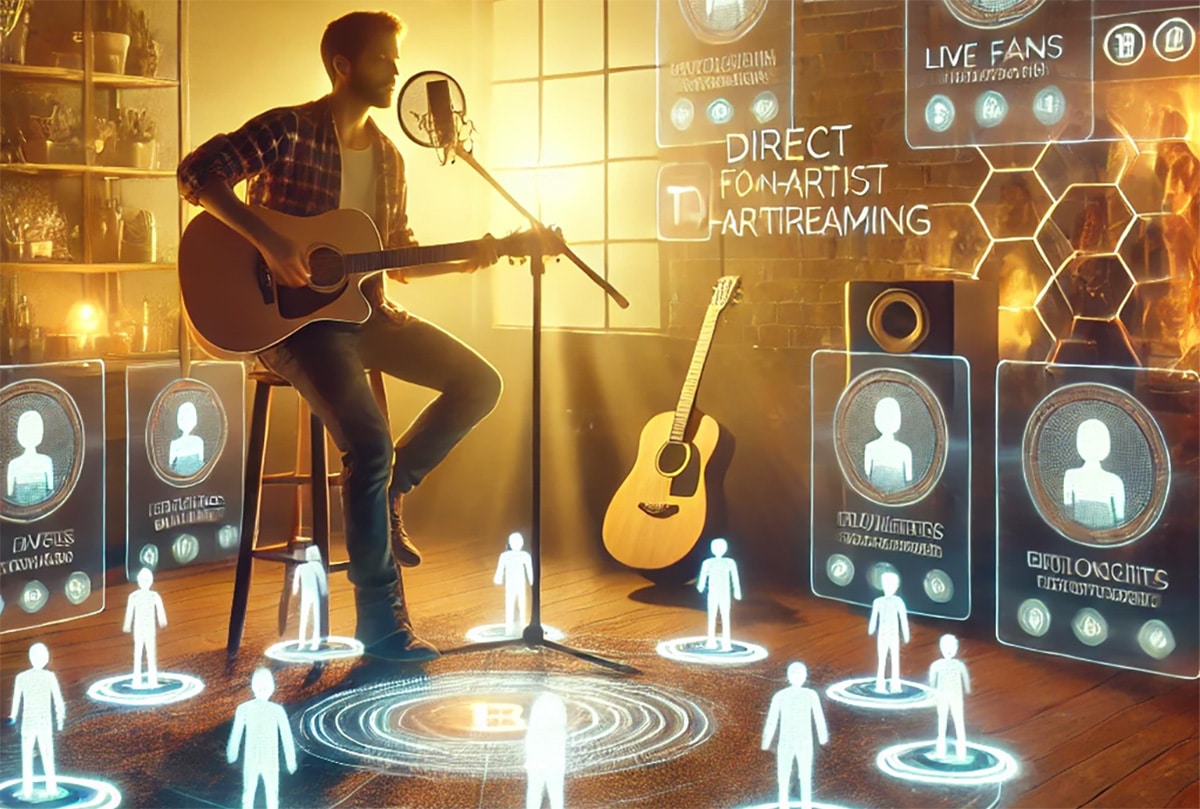 Vibrant blockchain network connecting musicians, DJs, and fans in a digital music ecosystem, illustrating on-chain royalty distribution and transparency in 2025.