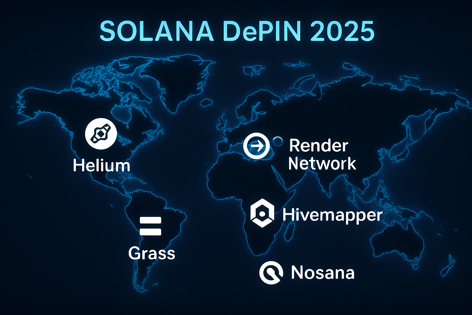 Global visualization of top Solana DePIN projects in 2025: Helium Network, Render Network, Hivemapper, Nosana, and Grass, showcasing decentralized infrastructure across wireless, compute, mapping, and data marketplaces.