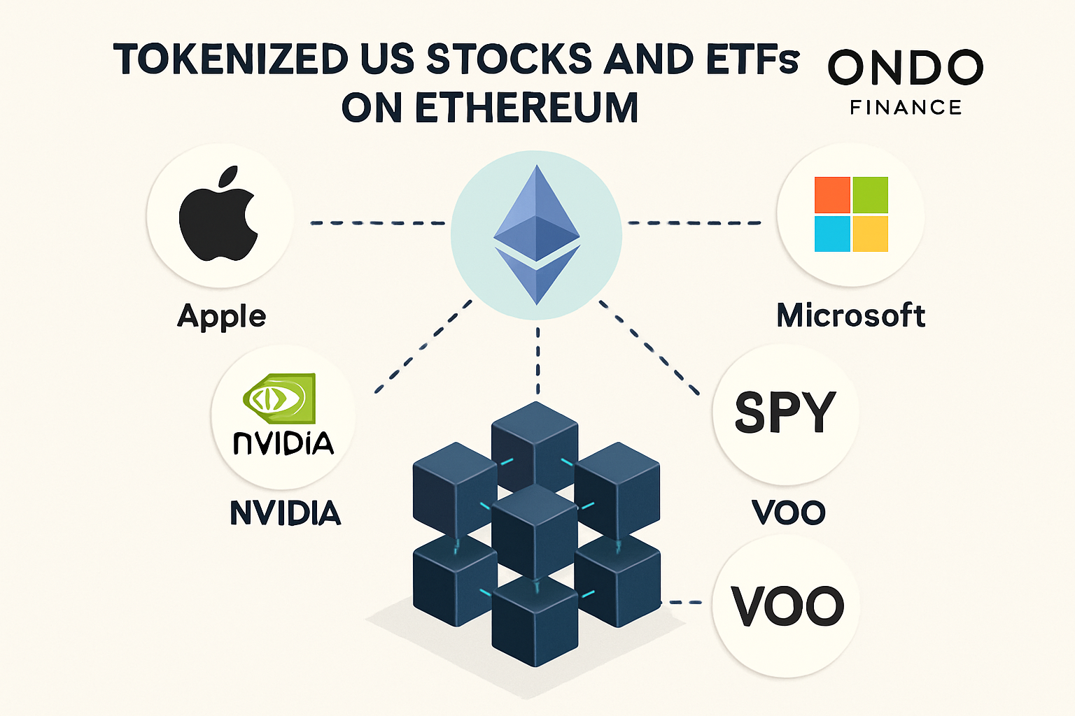 Vibrant visualization of tokenized US stocks and ETFs like Apple, Microsoft, NVIDIA, and SPY on Ethereum blockchain, representing Ondo Finance's on-chain equity market access in 2025.