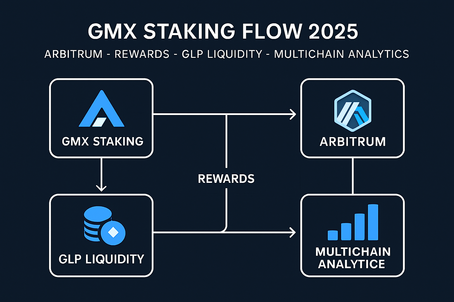 Visual breakdown of GMX staking strategies and reward flows on Arbitrum in 2025, showing staking, GLP liquidity provision, multichain diversification, and on-chain analytics.