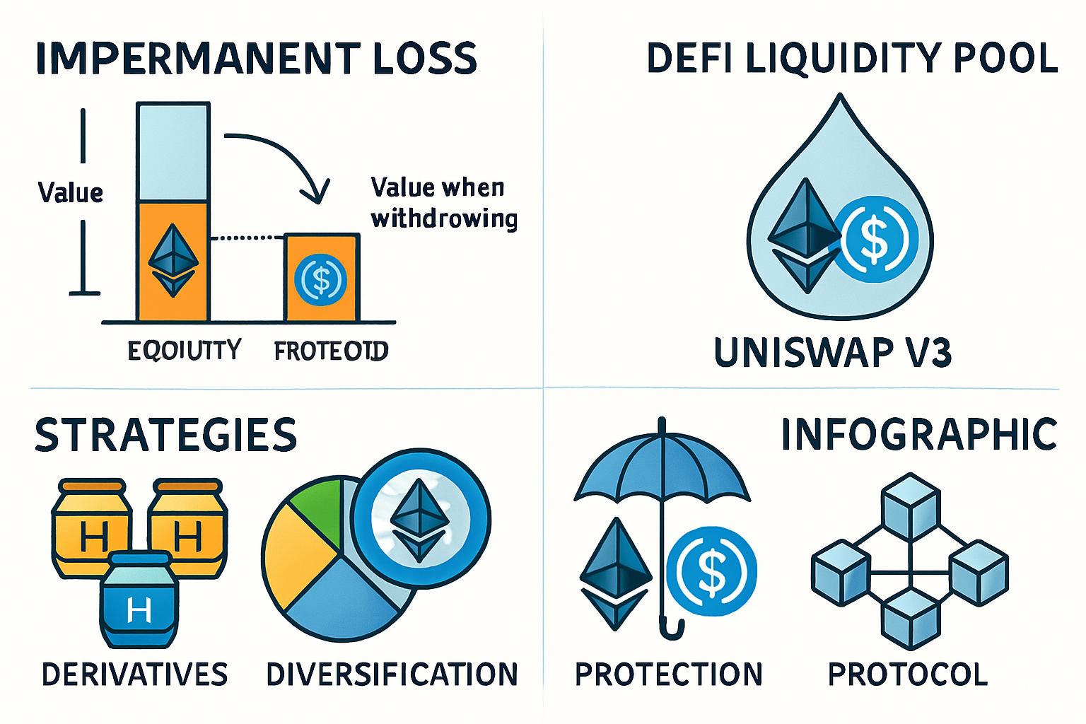Visual breakdown of impermanent loss mechanics in a DeFi liquidity pool, highlighting strategies like concentrated liquidity, derivatives hedging, diversification, and protection protocols.