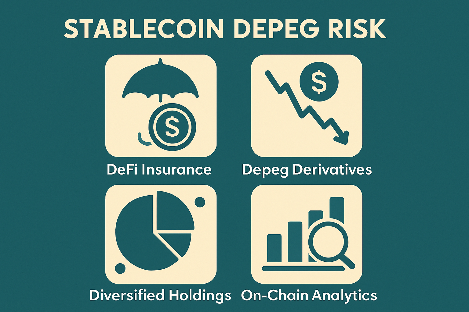 Visual breakdown of stablecoin depeg risk mitigation strategies: DeFi insurance protocols, depeg derivatives, diversified stablecoin holdings, and real-time on-chain analytics tools for crypto investors.