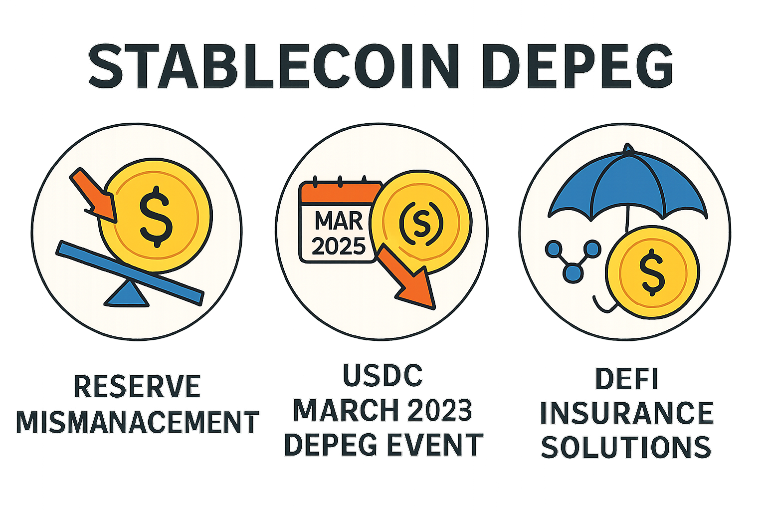 Visual breakdown of stablecoin depeg causes, USDC March 2023 event, and DeFi risk mitigation strategies