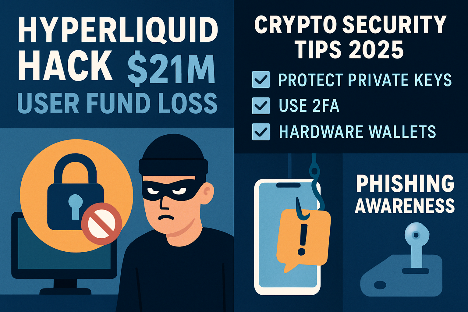 Visual breakdown of the $21M Hyperliquid hack showing user fund loss and key crypto security tips for 2025: protect private keys, enable 2FA, use hardware wallets, and avoid phishing scams.