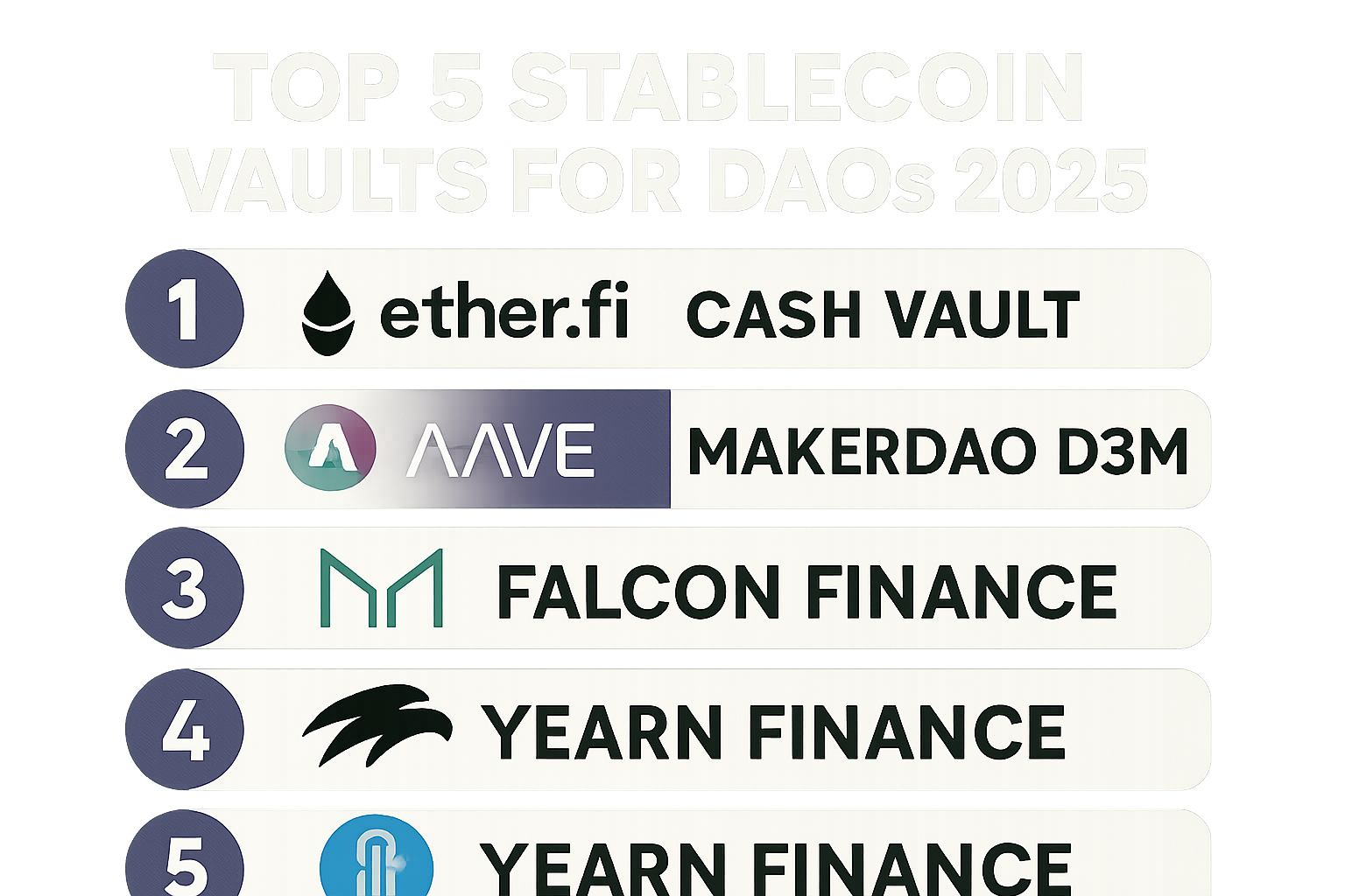 Visual breakdown of the top 5 stablecoin vaults for DAOs in 2025, featuring Ether.fi Cash Vault, Aave V3, MakerDAO D3M, Falcon Finance, and Yearn Finance, highlighting DeFi yield strategies and DAO treasury optimization.