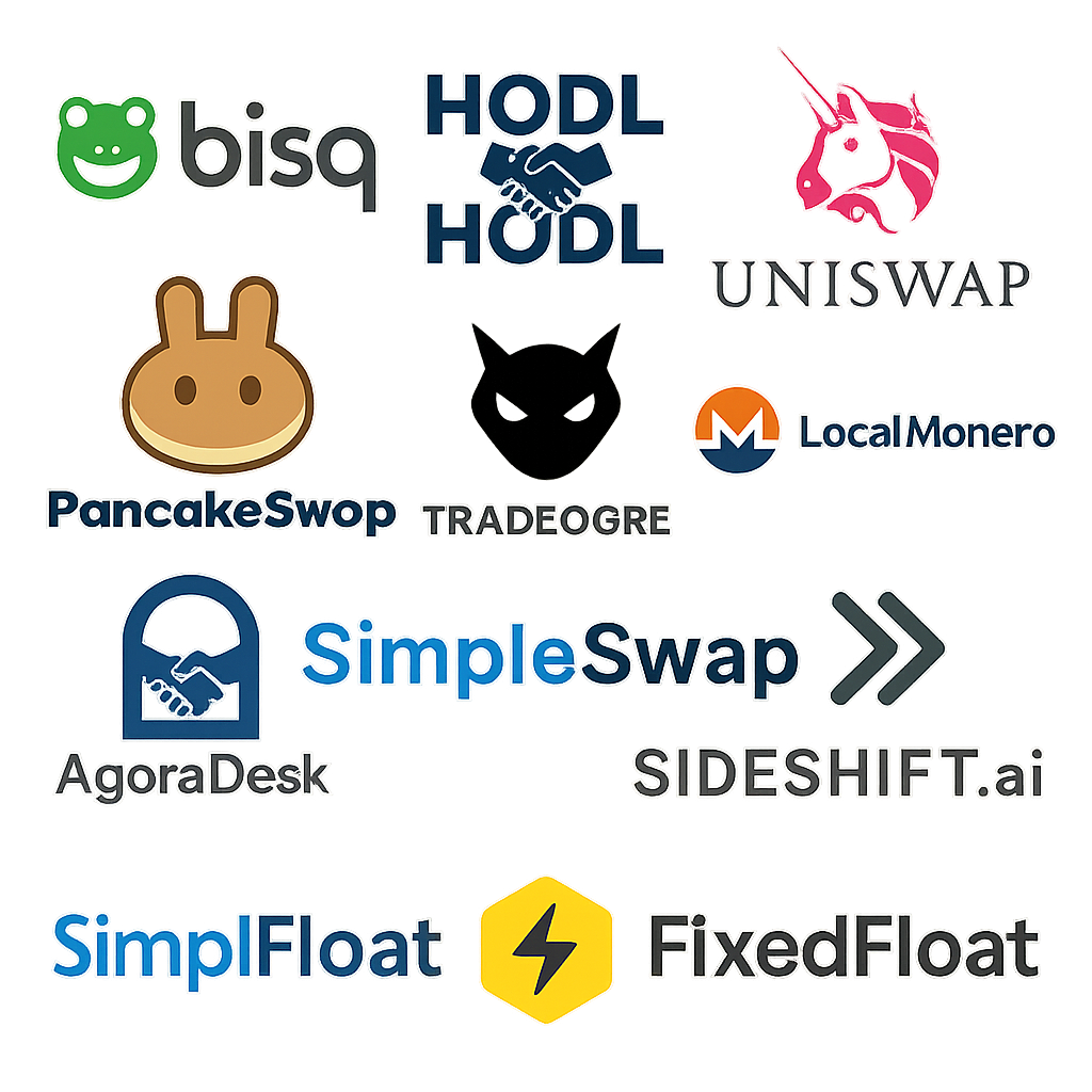 Collage of Bisq, Hodl Hodl, Uniswap, PancakeSwap, TradeOgre, LocalMonero, AgoraDesk, SimpleSwap, SideShift.ai, and FixedFloat logos representing top no-KYC crypto platforms in 2025