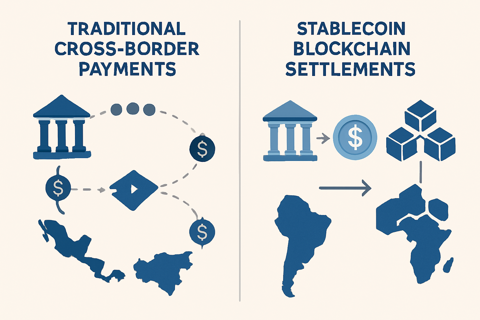 Comparison of traditional cross-border payment networks versus stablecoin blockchain settlements, illustrating faster and cheaper global transactions with digital assets
