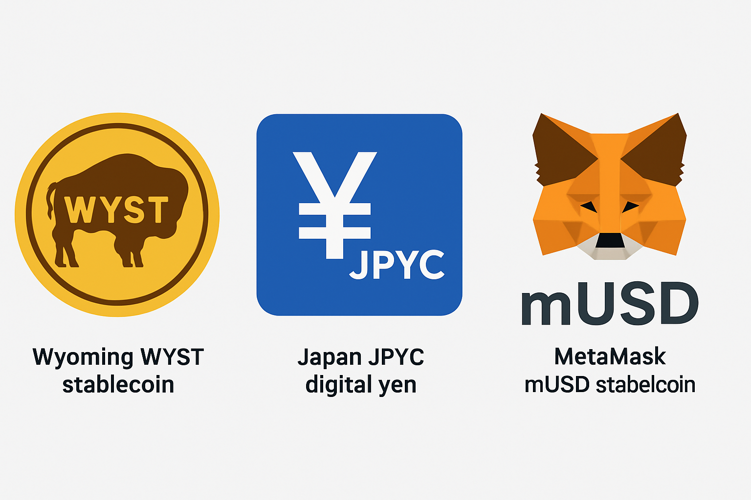 Visual comparison of Wyoming state stablecoin (WYST), Japan digital yen (JPYC), and MetaMask mUSD representing mainstream stablecoin adoption in crypto.