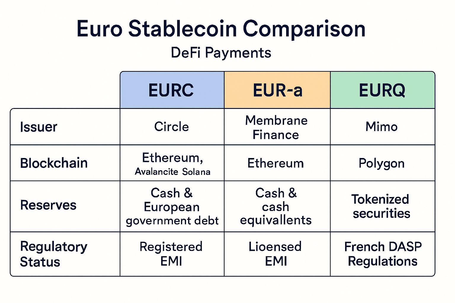 Comparison chart of EURC, EURAU, and EURQ euro stablecoins highlighting features, regulatory compliance, and DeFi adoption in 2025