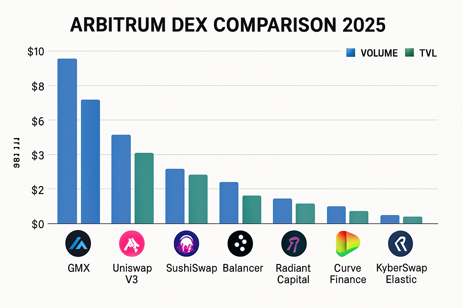 Visual comparison chart of top 10 Arbitrum decentralized exchanges (DEXs) by trading volume and TVL, featuring GMX, Uniswap v3, Camelot DEX, SushiSwap, Balancer, Radiant Capital, Trader Joe, Curve Finance, KyberSwap Elastic, and Ramses Exchange.