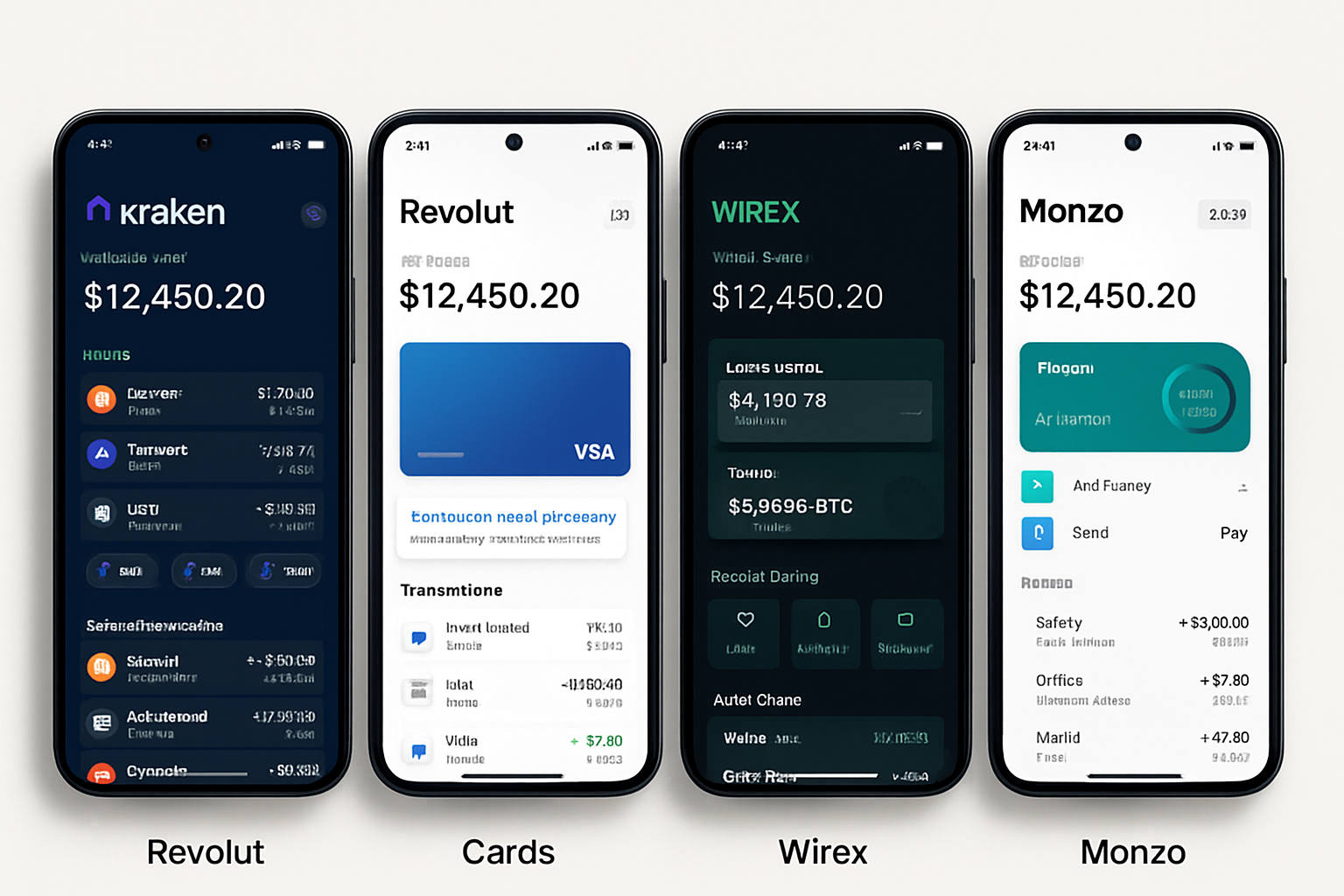Visual comparison of Krak, Revolut, Wirex, and Monzo app interfaces for managing crypto and fiat in 2025