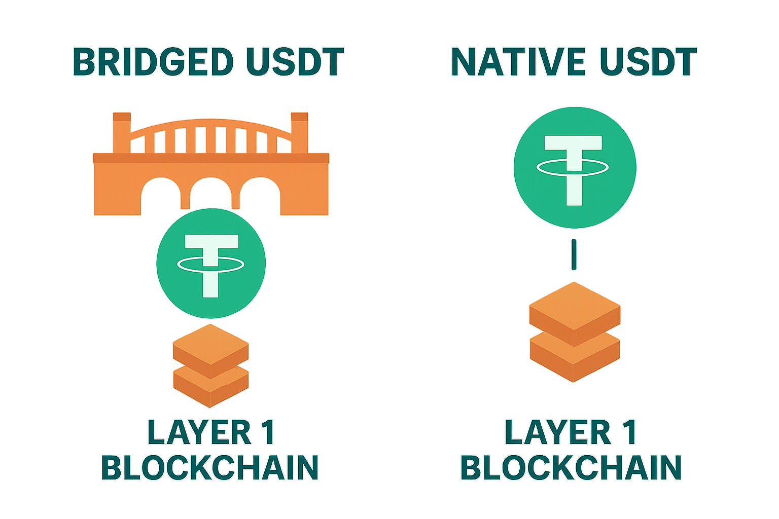 Visual comparison of bridged USDT versus native USDT on Layer 1 blockchains, highlighting security and efficiency differences in stablecoin infrastructure