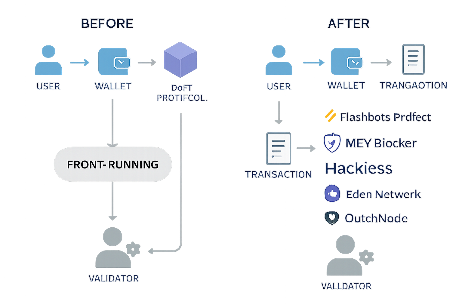 Visual comparison of DeFi transaction flows before and after MEV protection tools adoption, highlighting Flashbots Protect, MEV Blocker, Hackless, Eden Network, and QuickNode in 2024.