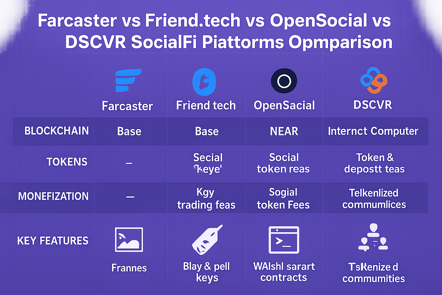 Visual comparison of top Base SocialFi platforms: Farcaster, Friend.tech, OpenSocial, and DSCVR logos side by side, highlighting their unique features and branding.
