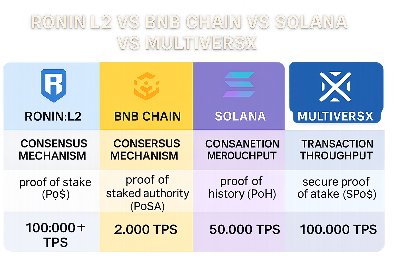 Visual comparison of Ronin Layer 2, BNB Chain, Solana, and MultiversX showing consensus mechanisms and transaction throughput