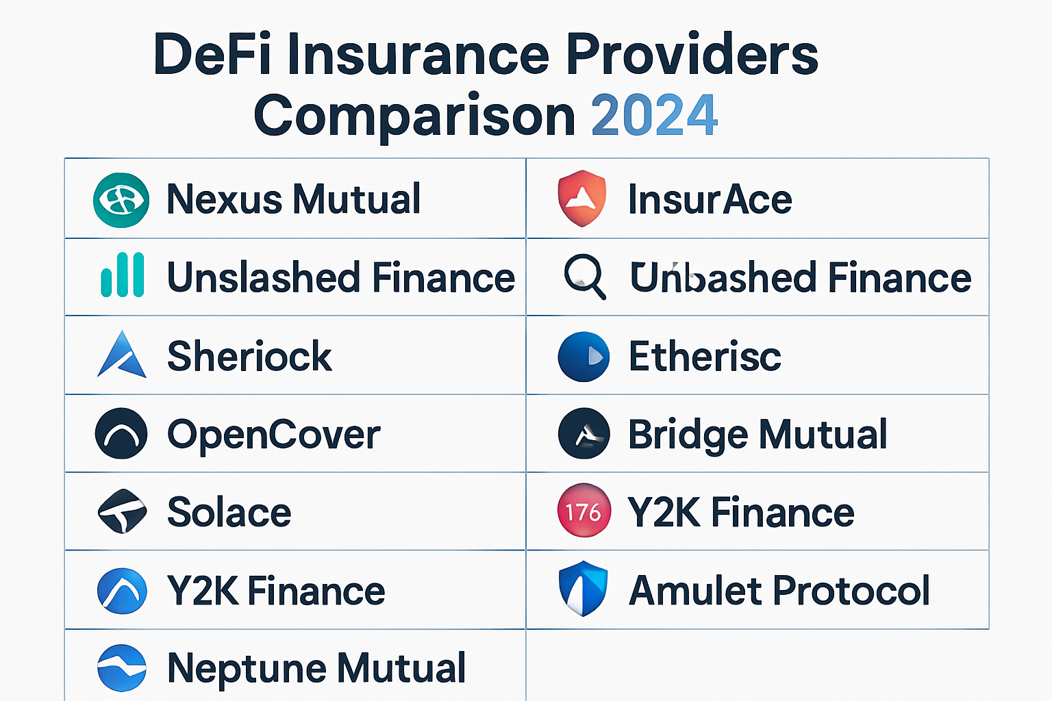 Visual comparison chart of the top 11 DeFi insurance providers for smart contract exploit coverage in 2024, featuring Nexus Mutual, InsurAce, Unslashed Finance, Sherlock, Etherisc, OpenCover, Bridge Mutual, Solace, Y2K Finance, Amulet Protocol, and Neptune Mutual.
