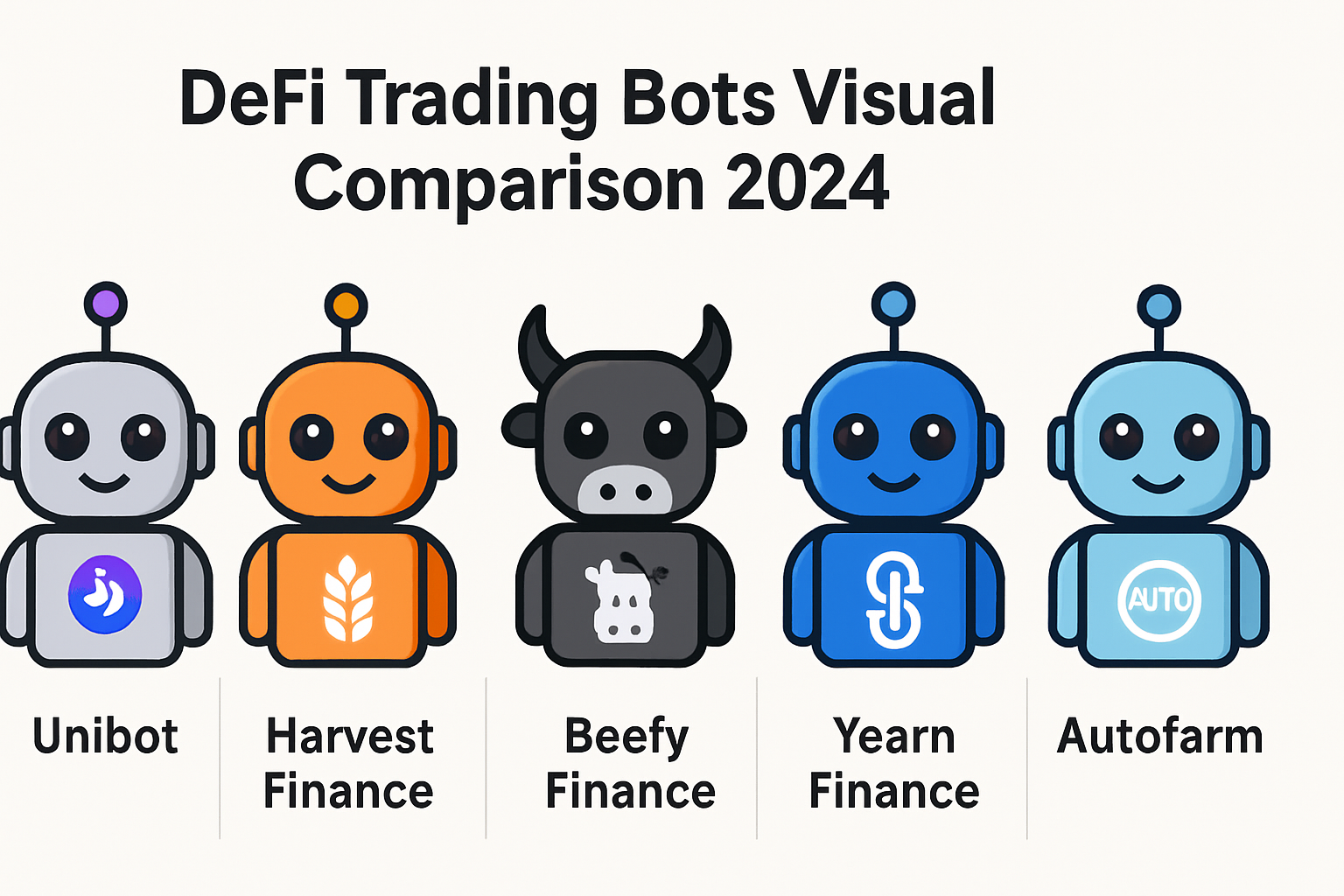 Visual comparison of top 5 DeFi trading bots for automated yield farming in 2024: Unibot, Harvest Finance, Beefy Finance, Yearn Finance, and Autofarm, featuring platform logos and interface elements.
