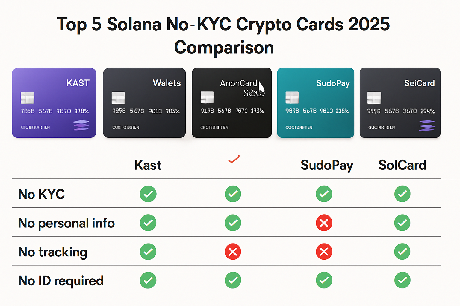 Top 5 Solana no-KYC crypto cards for 2025 compared: KAST Solana Debit Card, Wallet3 Anonymous Solana Card, AnonCard SOL Edition, SudoPay Solana Virtual Card, SolCard No-KYC Prepaid, highlighting privacy features and anonymous spending options.