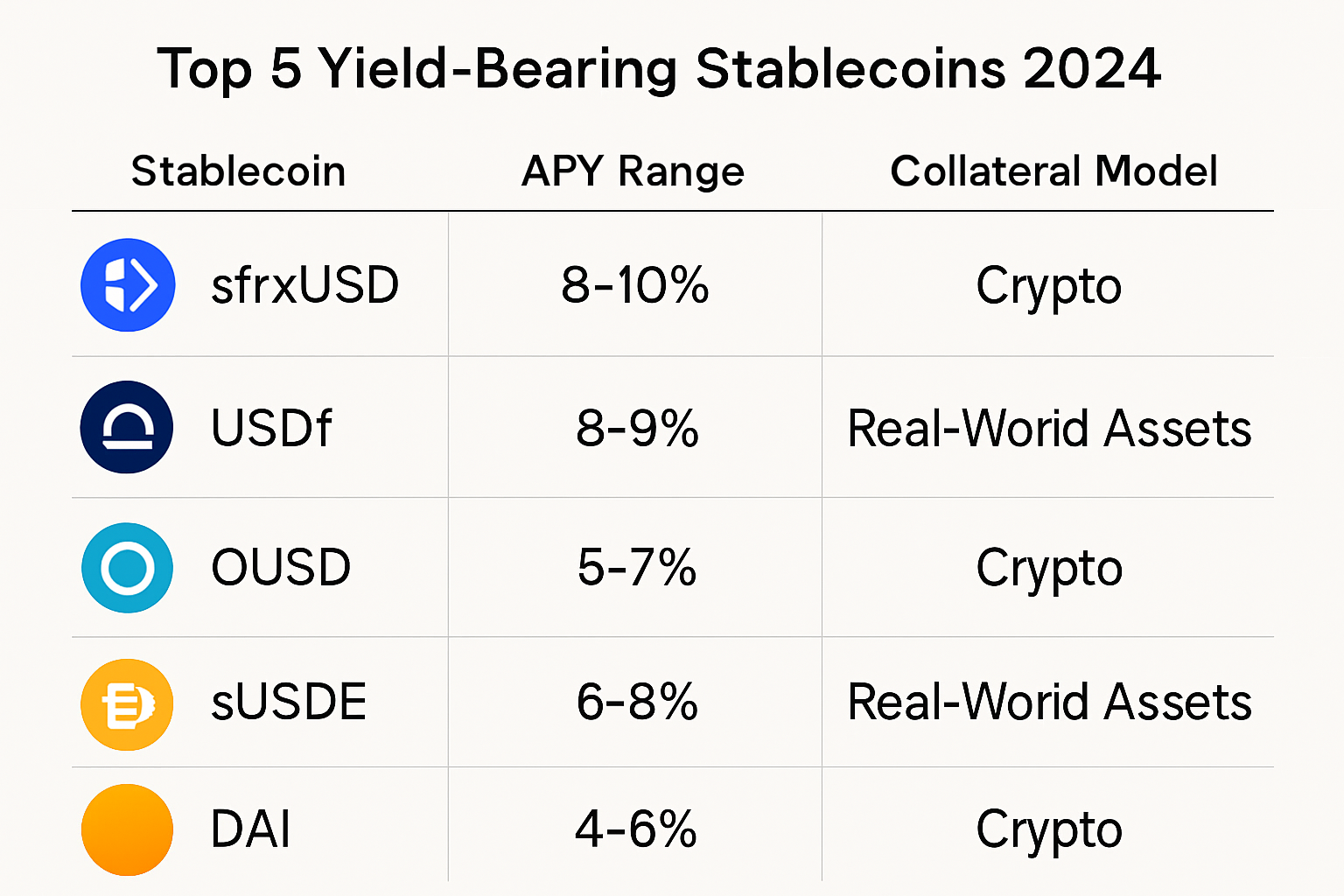 Visual comparison of the top 5 yield-bearing stablecoins in 2024—sfrxUSD, USDf, OUSD, sUSDE, and DAI—highlighting their APY ranges and unique collateral models, with digital coin icons and DeFi-themed backgrounds.