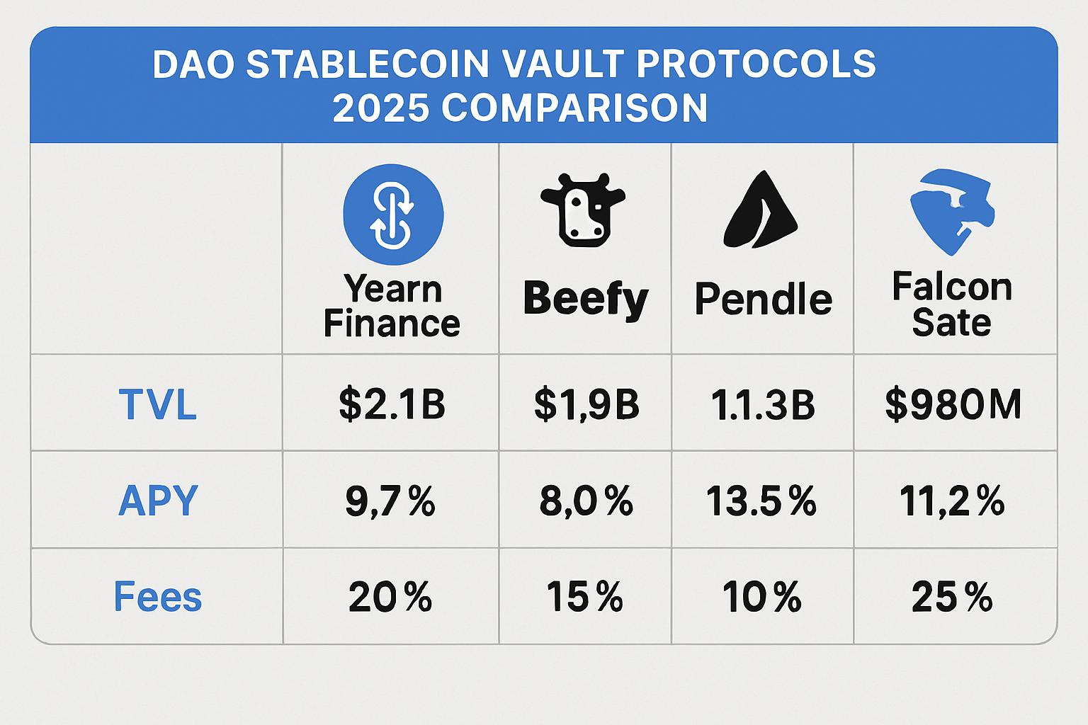 Visual comparison of top DAO stablecoin vault protocols in 2025, featuring Yearn Finance, Beefy, Pendle, Falcon Finance, and Safe integrations for maximizing APY and secure treasury management.
