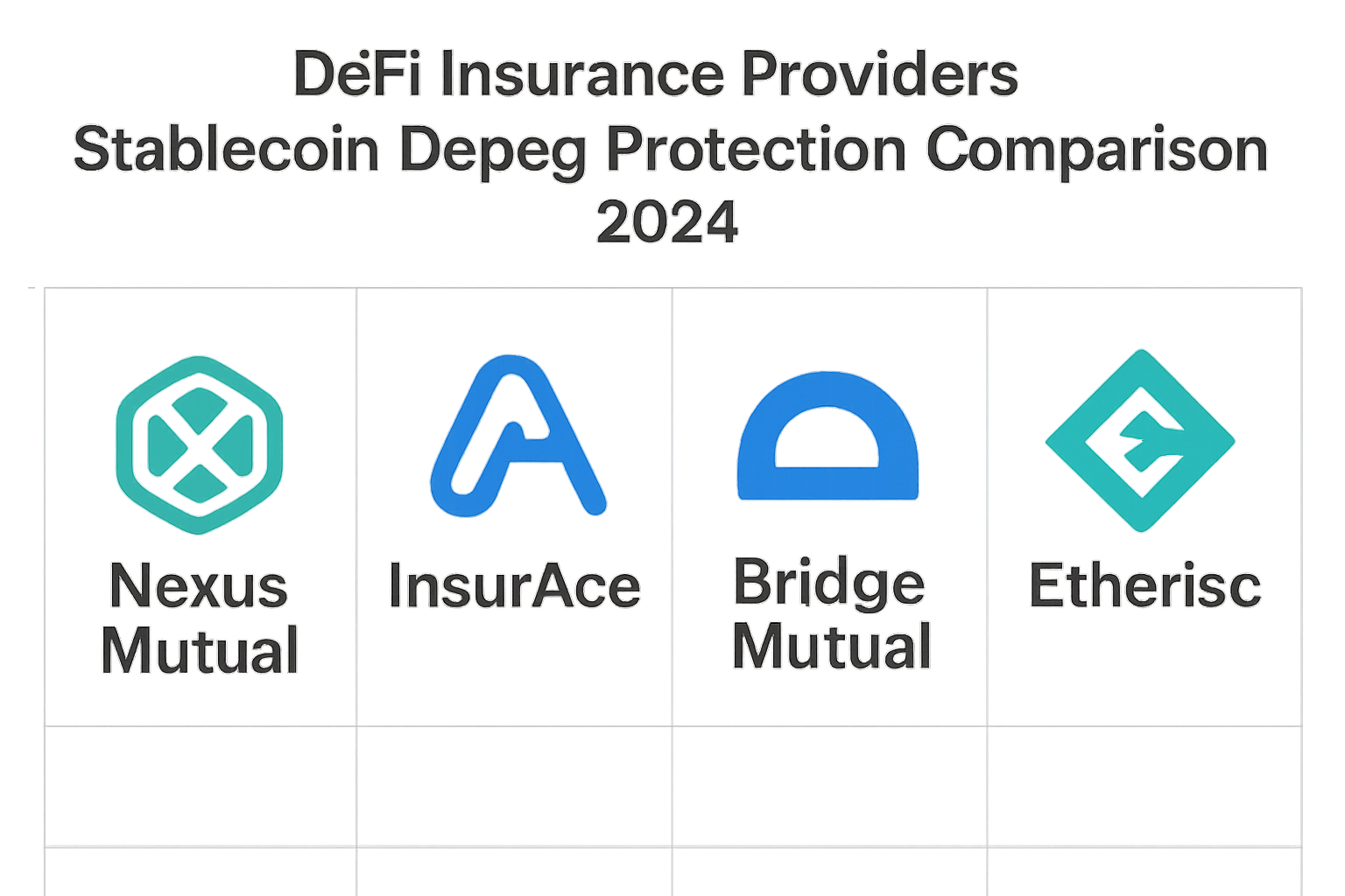 Visual comparison of top DeFi insurance providers for stablecoin depeg protection in 2024, featuring logos of Nexus Mutual, InsurAce, Bridge Mutual, and Etherisc with digital shield and stablecoin icons