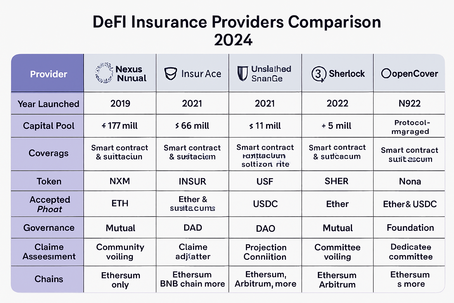 Visual comparison of top DeFi insurance providers in 2024: Nexus Mutual, InsurAce, Unslashed Finance, Sherlock, and OpenCover, specializing in smart contract exploit protection