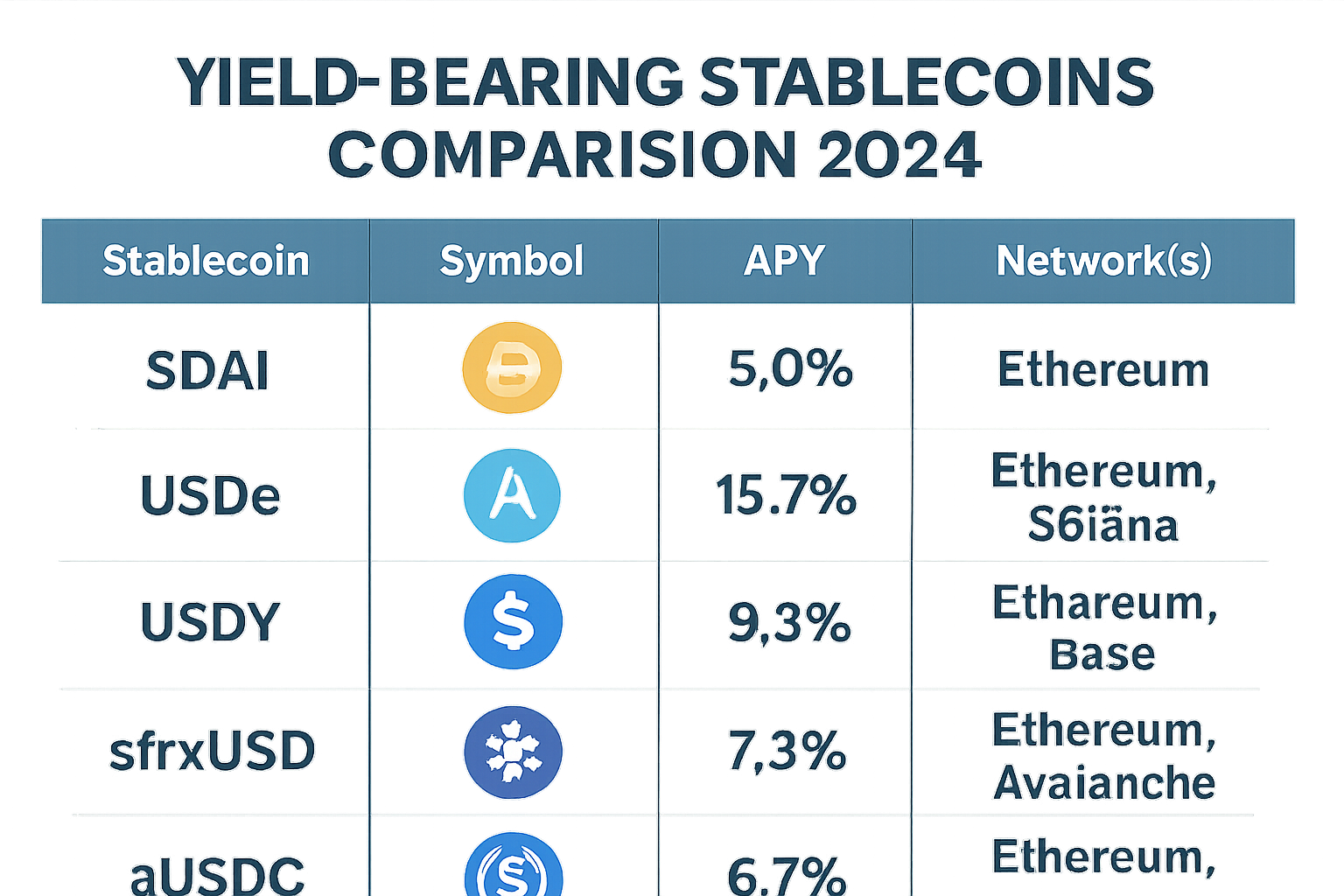 Visual comparison of top yield-bearing stablecoins in 2024: sDAI, USDe, USDY, sfrxUSD, and aUSDC, highlighting their DeFi mechanisms and APYs for passive income.