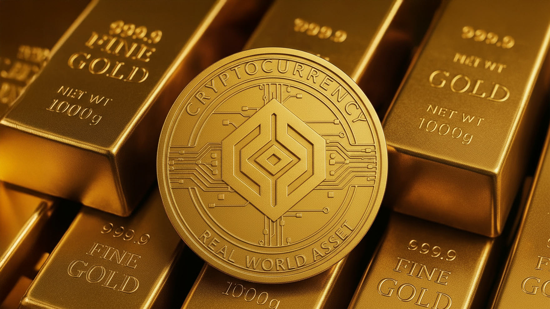 Comparison of traditional gold bars and digital gold tokens on a blockchain ledger, illustrating the transformation of gold ownership through tokenization.