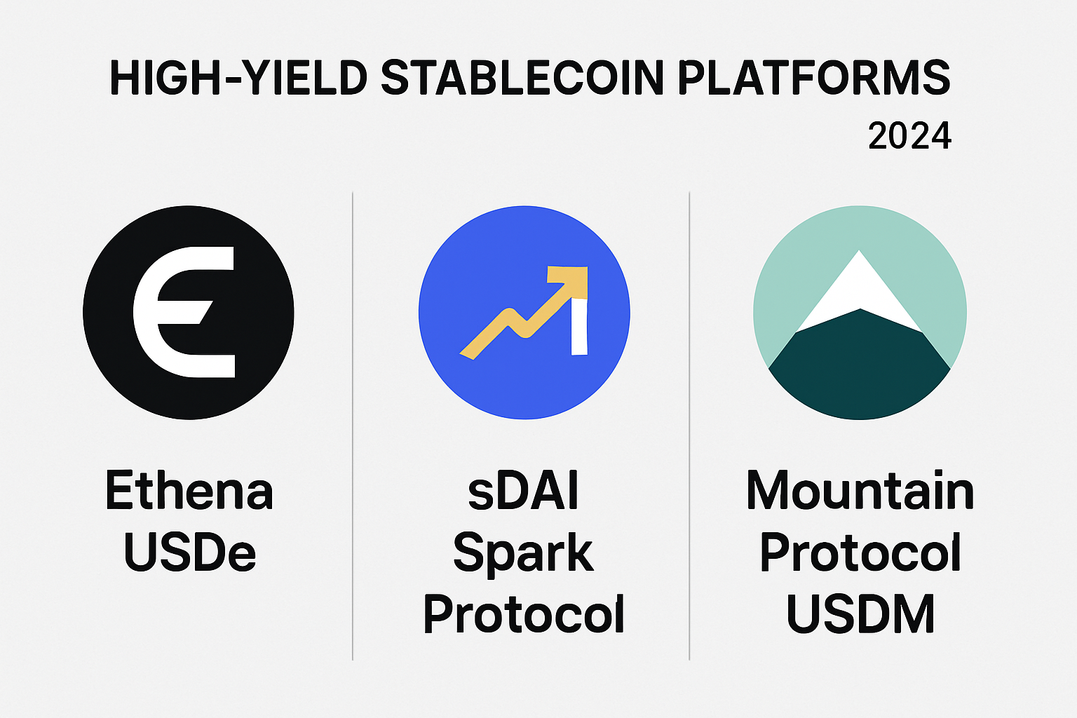 Visual comparison of traditional stablecoin yields versus high-yield platforms like Ethena USDe, sDAI via Spark Protocol, and Mountain Protocol USDM in 2024