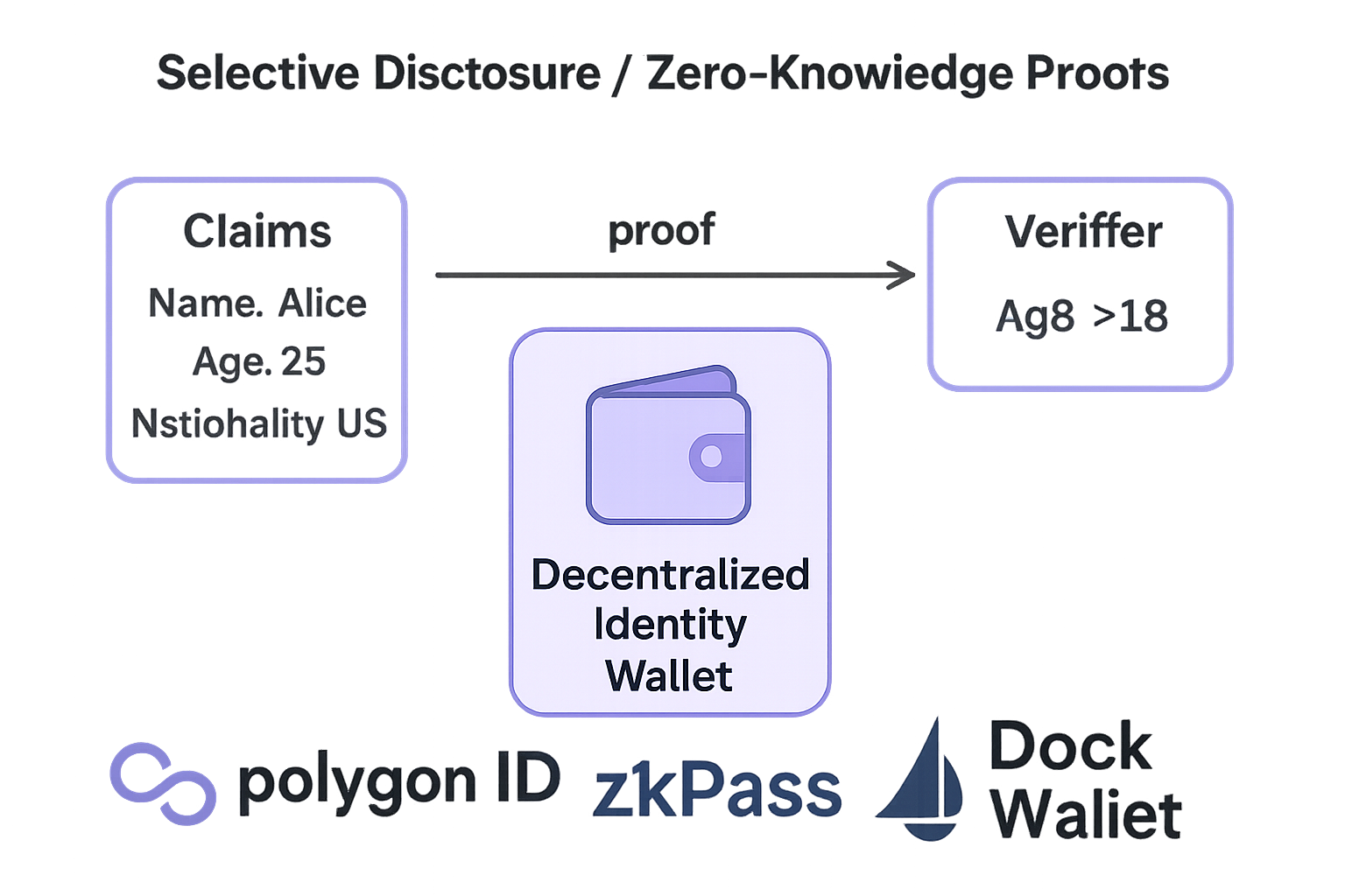 Diagram illustrating selective disclosure using zero-knowledge proofs in decentralized identity wallets, featuring Polygon ID, zkPass, and Dock Wallet for privacy-preserving credential verification.