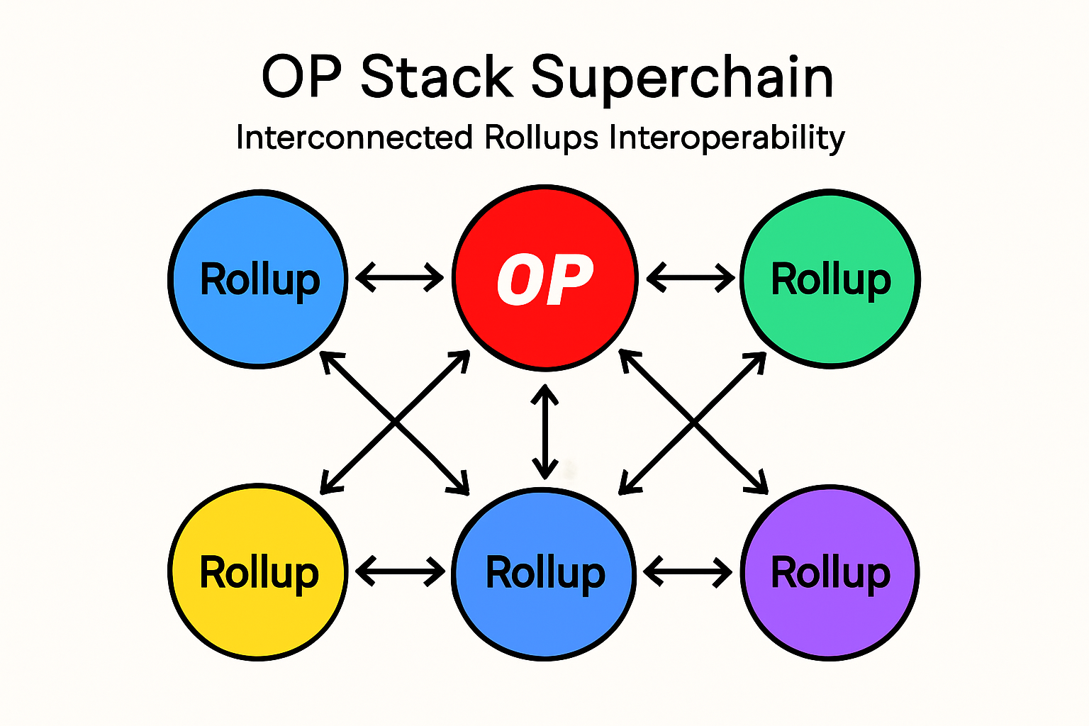 Diagram showing interconnected OP Stack rollups within the Optimism Superchain architecture, illustrating interoperability across Ethereum Layer 2 networks.