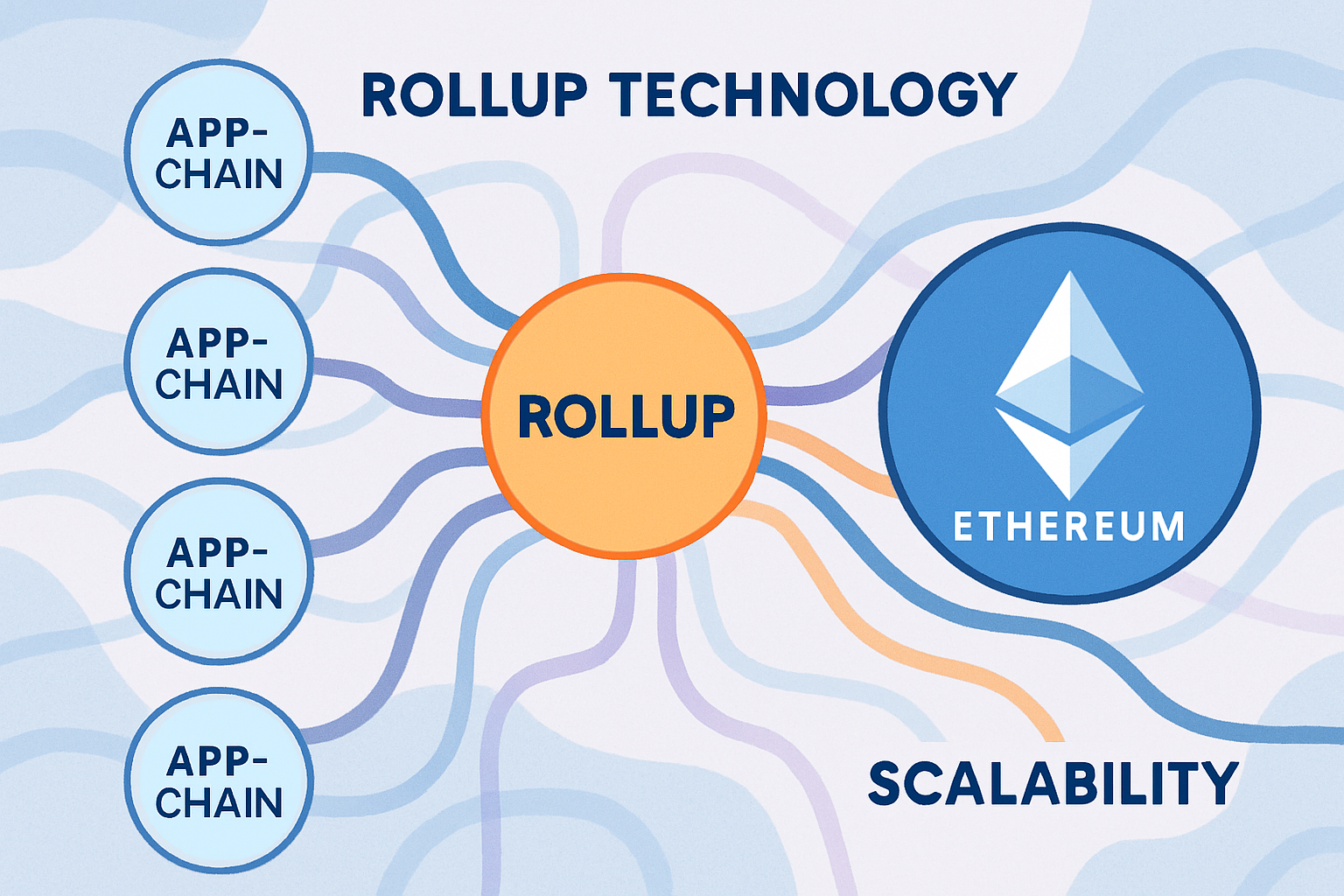 Diagram illustrating how abstract rollup technology connects app-chains to Ethereum for scalable blockchain deployment