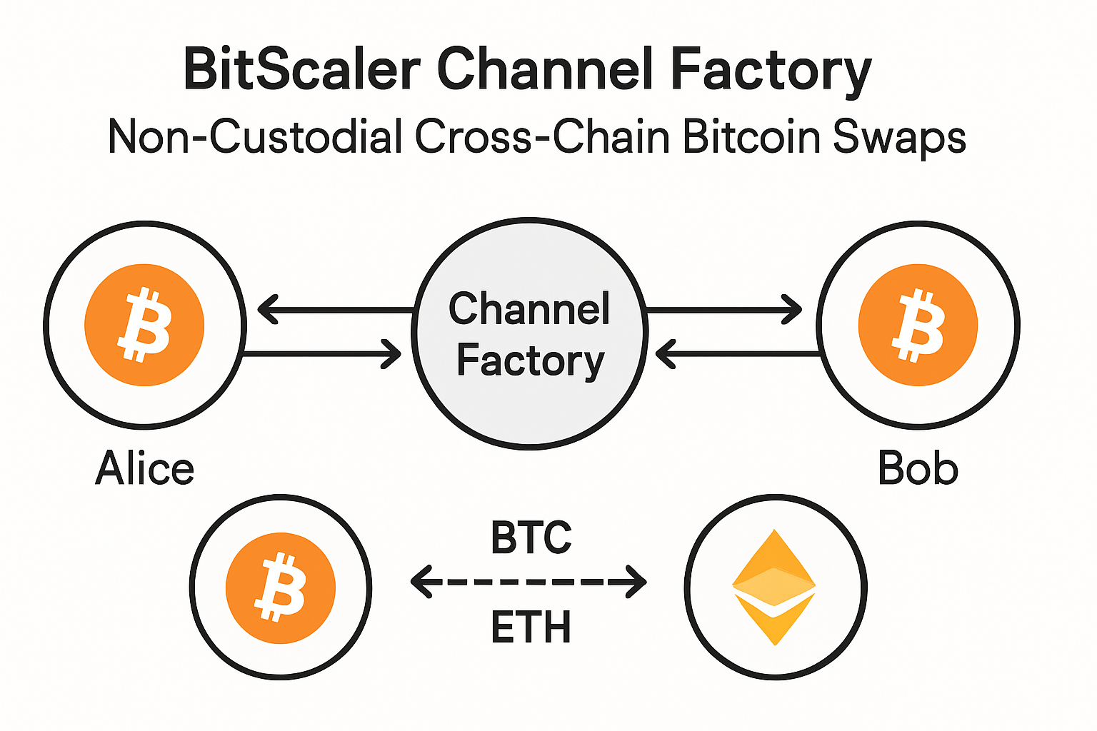 Diagram illustrating BitScaler channel factories enabling non-custodial cross-chain Bitcoin swaps between multiple blockchains like Ethereum and Solana