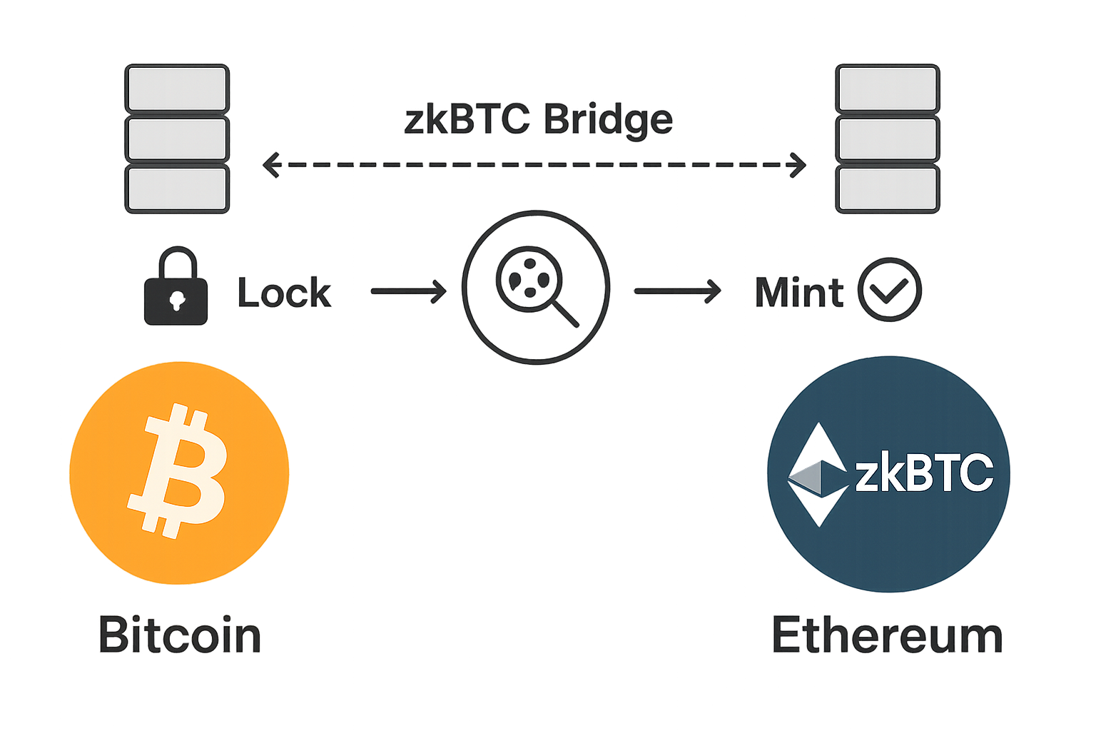 Diagram illustrating zkBTC Bridge locking Bitcoin and minting zkBTC on Ethereum using zero-knowledge proofs