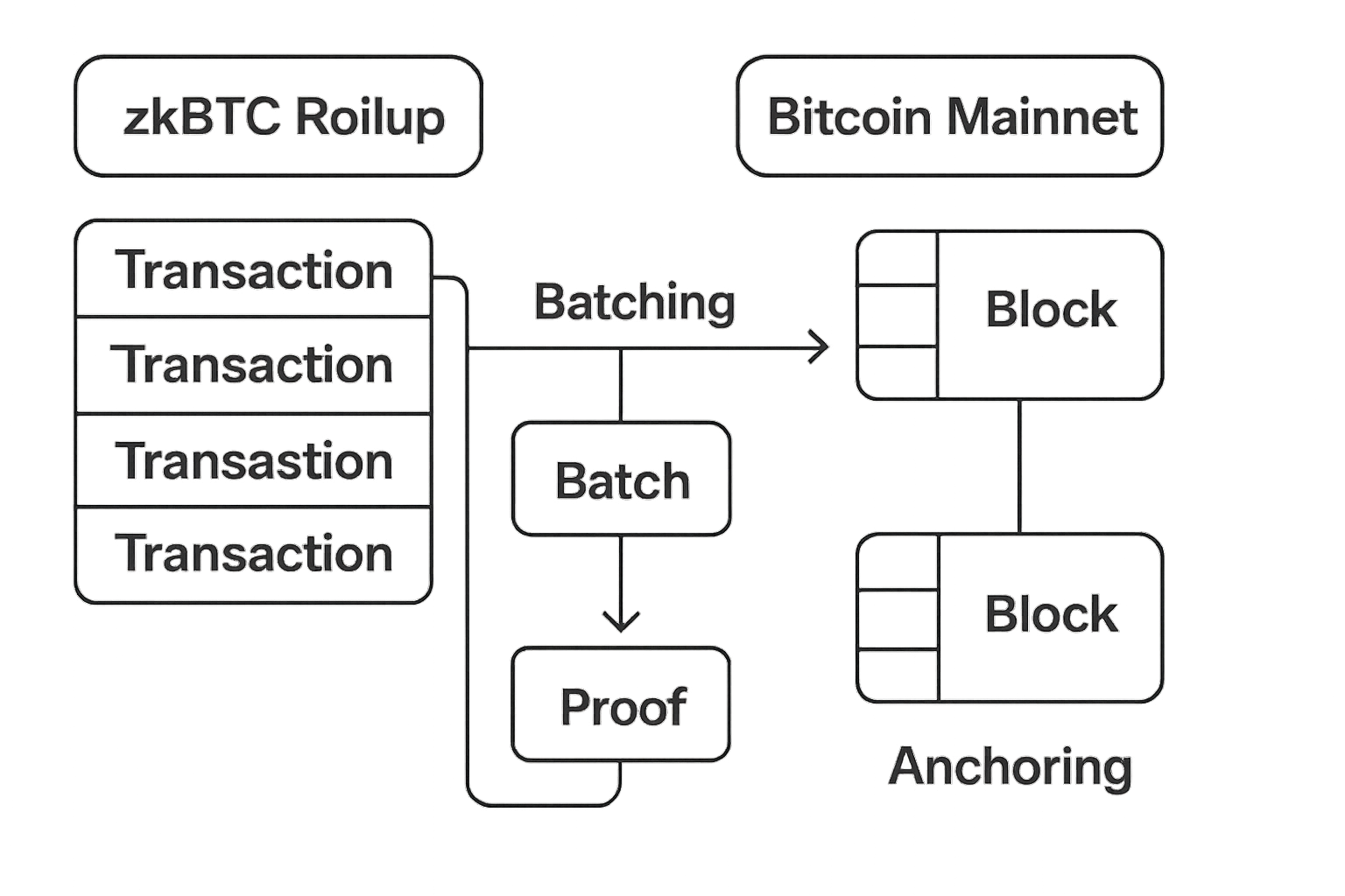 Diagram illustrating zkBTC rollups batching multiple Bitcoin transactions and anchoring a zero-knowledge proof to the Bitcoin mainnet for enhanced scalability.