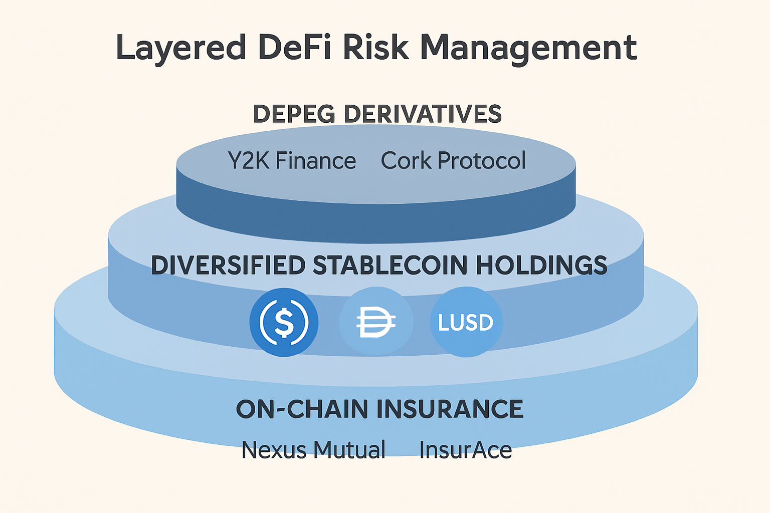 Layered DeFi risk management diagram illustrating strategies to hedge against USDT depeg, including depeg derivatives, diversified stablecoin holdings, and on-chain DeFi insurance.