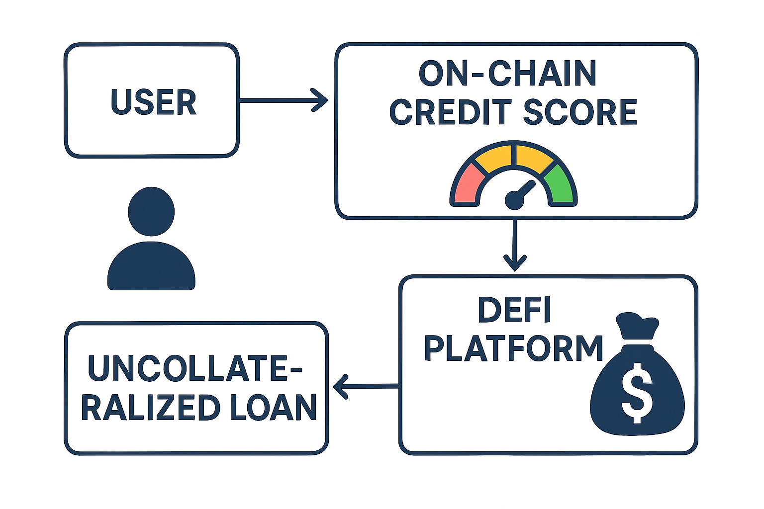Flowchart illustrating how on-chain credit scores enable uncollateralized DeFi loans, showing blockchain data analysis, credit assessment, and loan approval process.