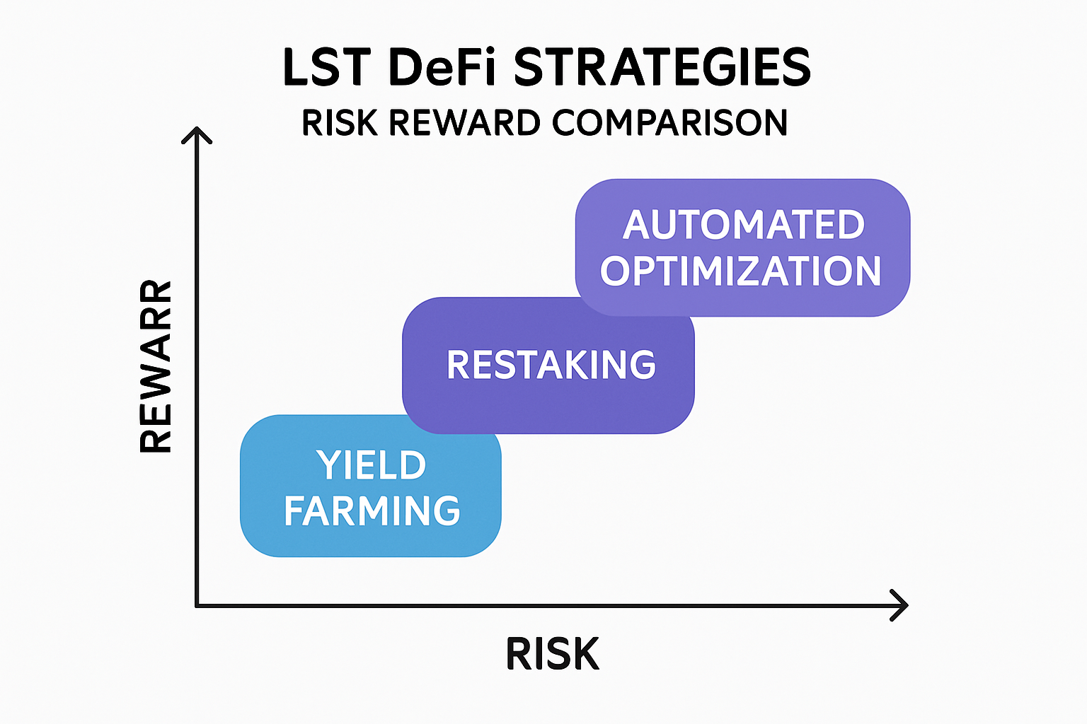 Infographic comparing liquid staking token (LST) DeFi strategies, highlighting yield farming, restaking, and automated yield optimization with associated risks and APY ranges.