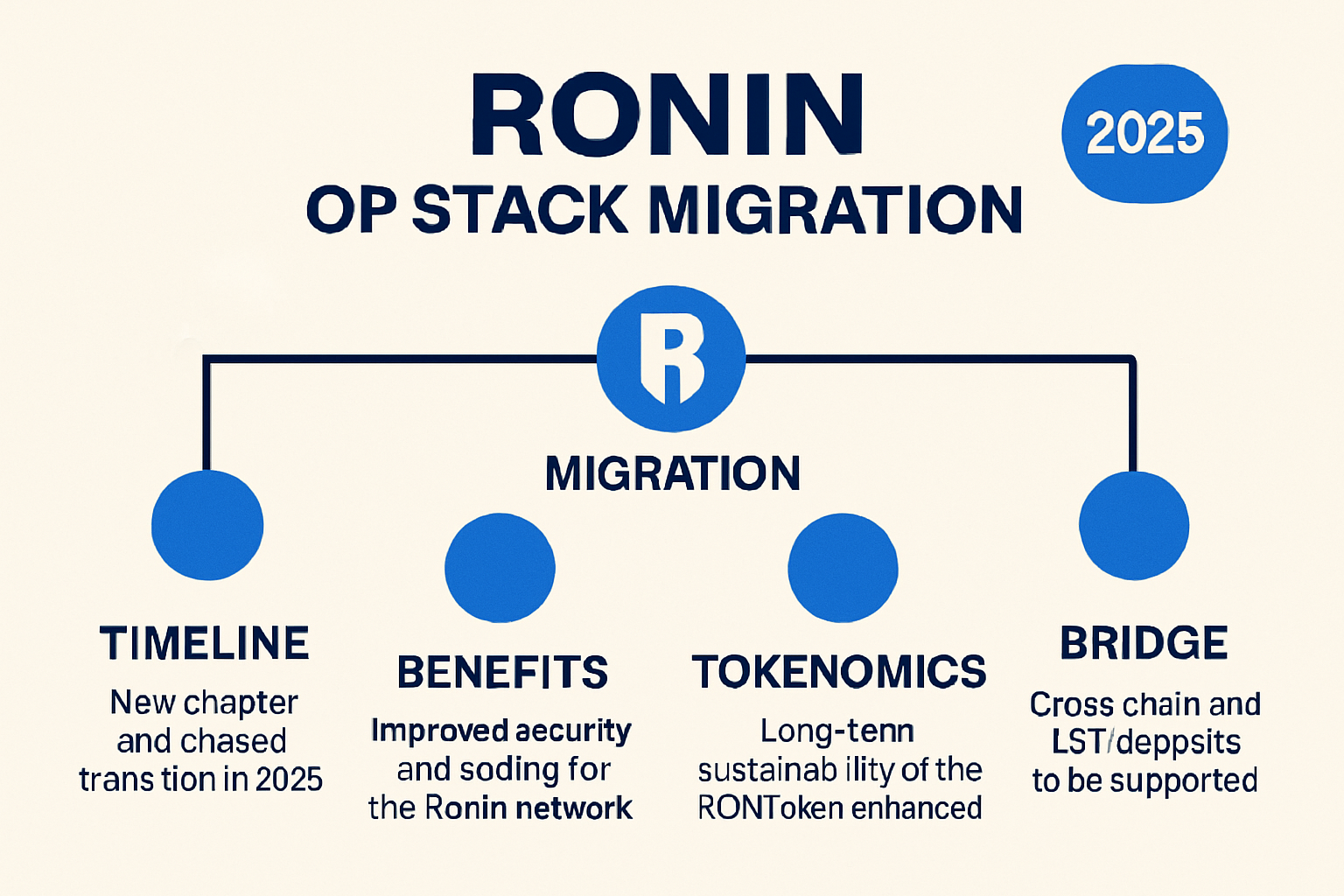 Infographic showing Ronin's migration to Optimism OP Stack Layer 2, highlighting timeline, enhanced tokenomics transparency, and new Ethereum bridge features for 2025 roadmap