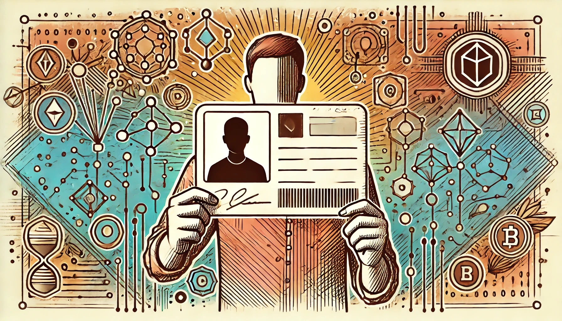 Diverse DAO members holding digital NFT badges representing unique identity and participation in decentralized governance.