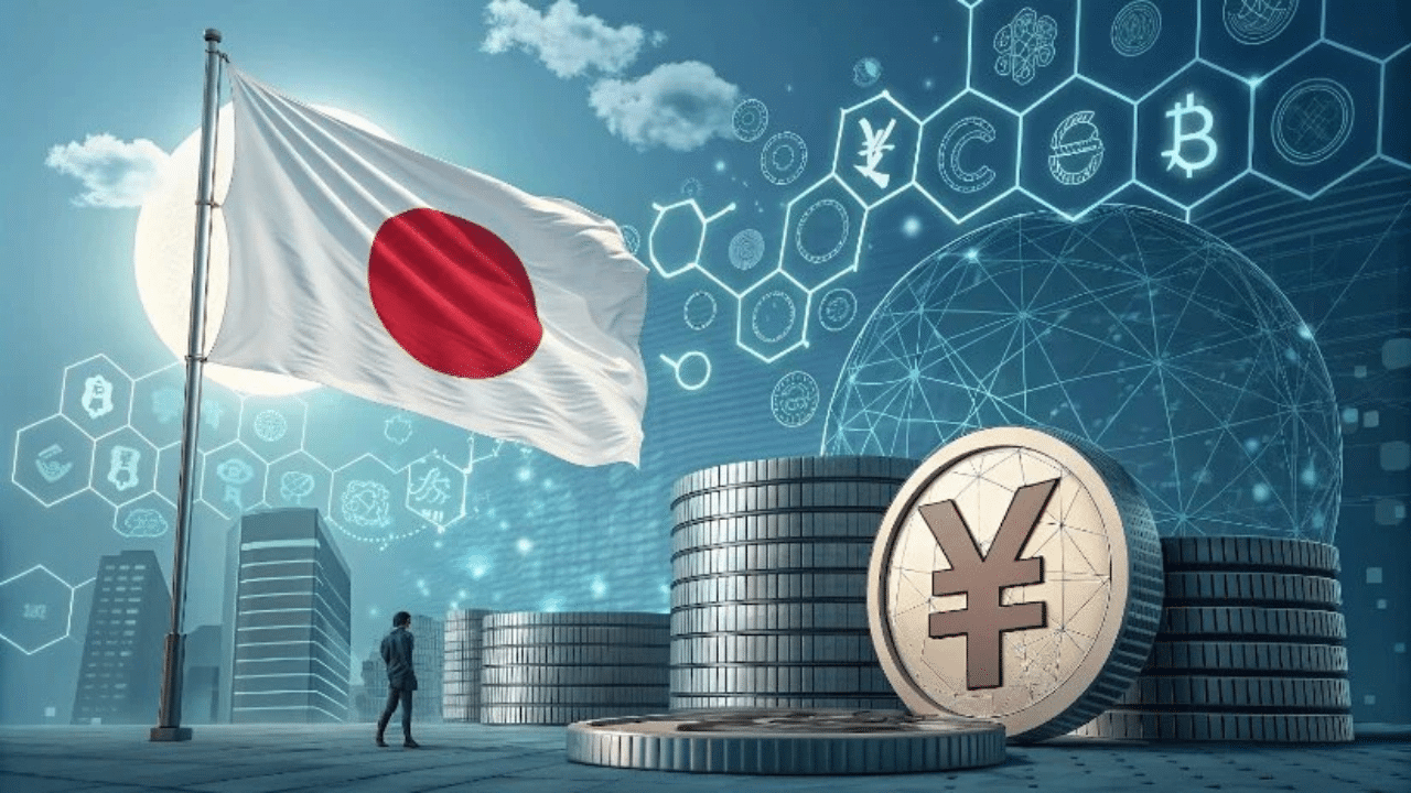 JPYC stablecoin logo overlaid on the Japanese flag with blockchain network graphics, symbolizing regulated digital yen innovation in Japan