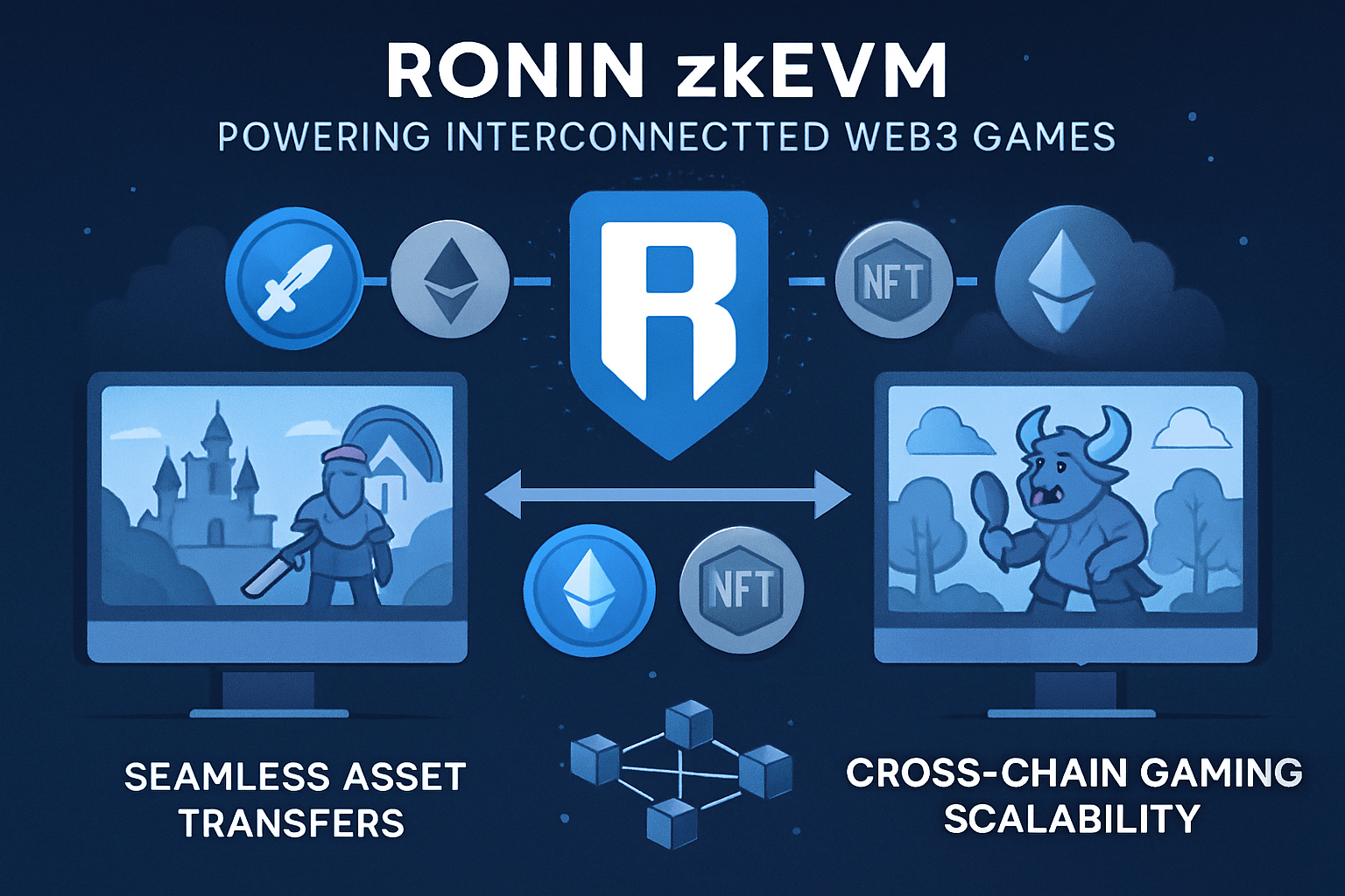 Illustration of Ronin zkEVM connecting multiple Web3 games for seamless asset transfers and scalability
