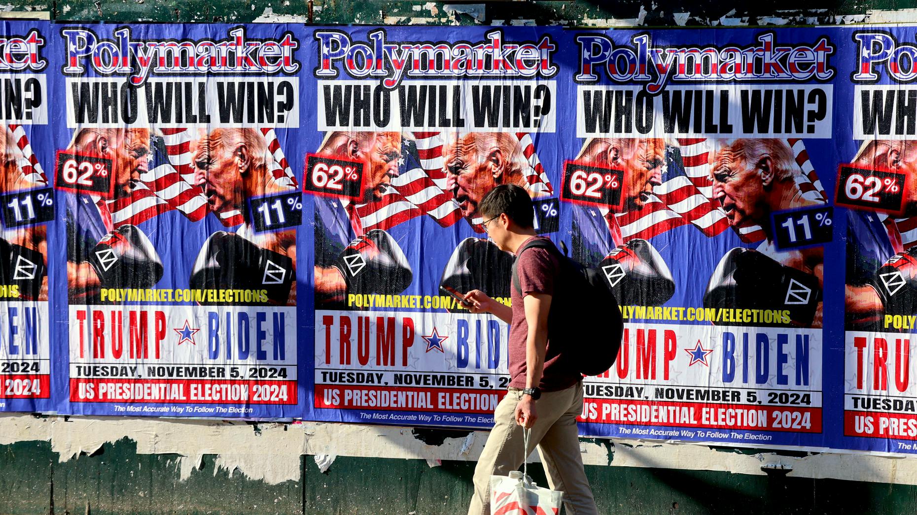 Polymarket interface displaying live 2024 US election prediction odds for Trump and Biden